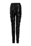 Black Fashion Casual Solid Fold Regular High Waist Pencil Trousers