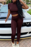 Red-brown Fashion Casual Solid Basic O Neck Short Sleeve Two Pieces