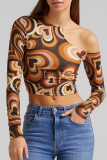 Brown Sexy Print Split Joint O Neck Tops