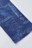 Baby Blue Fashion Print Patchwork Turndown Collar Outerwear