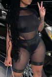 Black Sexy Solid Split Joint Mesh O Neck Short Sleeve Two Pieces