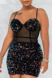 Colour Fashion Sexy Patchwork Sequins See-through Backless Spaghetti Strap Sleeveless Dress