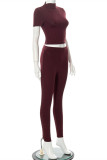 Red-brown Fashion Casual Solid Basic O Neck Short Sleeve Two Pieces