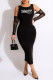 Black Fashion Celebrities Letter Slit O Neck One Step Skirt Dresses