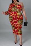 Red Fashion Sexy Print Hollowed Out Backless Oblique Collar Long Sleeve Plus Size Dresses