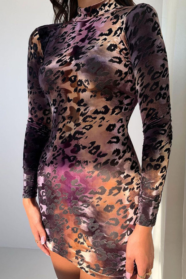 Leopard Print Sexy Print Patchwork Half A Turtleneck One Step Skirt Dresses