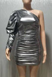 Silver Sexy Solid Patchwork Fold Oblique Collar One Step Skirt Dresses