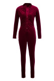 Pink Fashion Casual Solid Fold V Neck Long Sleeve Skinny Jumpsuits