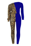 Deep Blue Fashion Casual Print Leopard Patchwork Oblique Collar Long Sleeve Two Pieces