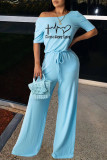 Baby Blue Casual Print Split Joint O Neck Straight Jumpsuits