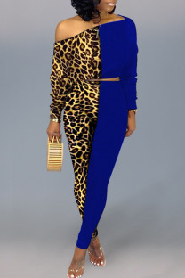 Deep Blue Fashion Casual Print Leopard Split Joint Oblique Collar Long Sleeve Two Pieces