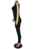 Black Fashion Casual Solid Patchwork Zipper Collar Skinny Jumpsuits
