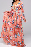 Blue Pink Bohemian Print Patchwork Fold V Neck Straight Dresses