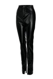 Coffee Fashion Casual Solid Slit Skinny Mid Waist Pencil Solid Color Bottoms