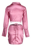 Pink Sexy Solid Patchwork V Neck Long Sleeve Two Pieces