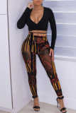 Black Fashion Sexy Print See-through V Neck Long Sleeve Two Pieces
