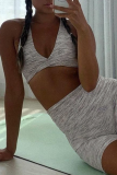 Grey Sexy Solid Patchwork V Neck Sleeveless Two Pieces