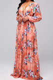 Blue Pink Bohemian Print Patchwork Fold V Neck Straight Dresses
