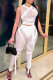 White Fashion Sexy Patchwork Tear Strap Design O Neck Sleeveless Two Pieces