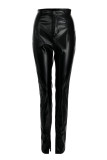 Coffee Fashion Casual Solid Slit Skinny Mid Waist Pencil Solid Color Bottoms