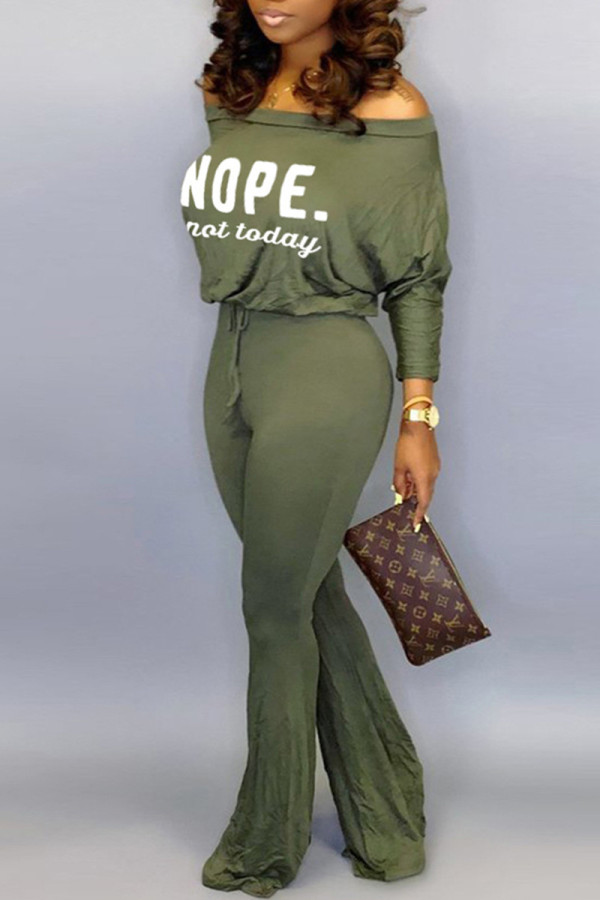 Army Green Fashion Casual Letter Print Basic O Neck Regular Jumpsuits