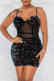 Colour Fashion Sexy Patchwork Sequins See-through Backless Spaghetti Strap Sleeveless Dress