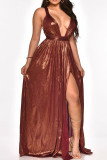 Brown Sexy Solid Patchwork V Neck Straight Dresses