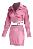 Pink Sexy Solid Patchwork V Neck Long Sleeve Two Pieces