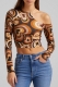 Brown Sexy Print Patchwork O Neck Tops