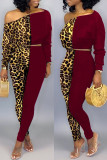Black Fashion Casual Print Leopard Patchwork Oblique Collar Long Sleeve Two Pieces
