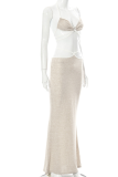 Apricot Sexy Solid Patchwork Spaghetti Strap Sleeveless Two Pieces