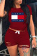 Burgundy Fashion Street Letter Patchwork O Neck Short Sleeve Two Pieces