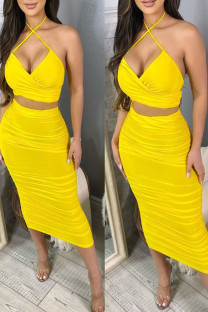 Yellow Sexy Solid Split Joint Backless Fold Halter Sleeveless Two Pieces