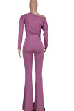 Purple Casual Solid Patchwork Oblique Collar Boot Cut Jumpsuits