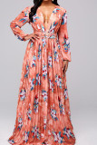 Blue Pink Bohemian Print Patchwork Fold V Neck Straight Dresses