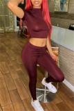 Red-brown Fashion Casual Solid Basic O Neck Short Sleeve Two Pieces