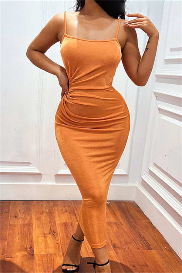 Orange Fashion Sexy Solid Backless Spaghetti Strap Long Dress
