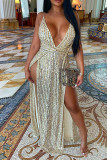 Gold Sexy Solid Patchwork Slit Spaghetti Strap Sling Dress Dresses
