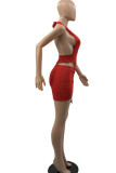 Red Sexy Solid Hollowed Out Split Joint V Neck Sleeveless Two Pieces