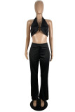 Black Fashion Sexy Solid Backless Halter Sleeveless Two Pieces