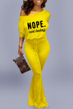 Yellow Fashion Casual Letter Print Basic O Neck Regular Jumpsuits