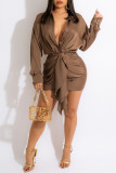 Brown Fashion Sexy Solid Fold Turndown Collar Long Sleeve Dresses