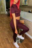 Red-brown Fashion Casual Solid Basic O Neck Short Sleeve Two Pieces