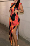 Orange Sexy Patchwork Tie-dye O Neck Pencil Skirt Dresses