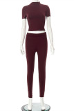 Red-brown Fashion Casual Solid Basic O Neck Short Sleeve Two Pieces