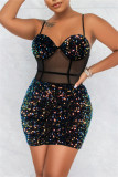Colour Fashion Sexy Patchwork Sequins See-through Backless Spaghetti Strap Sleeveless Dress