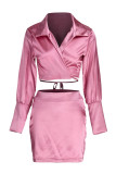 Pink Sexy Solid Patchwork V Neck Long Sleeve Two Pieces