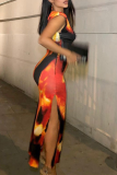 Orange Sexy Patchwork Tie-dye O Neck Pencil Skirt Dresses