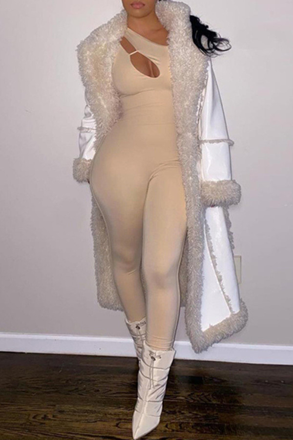 Khaki Sexy Casual Solid Hollowed Out Oblique Collar Skinny Jumpsuits