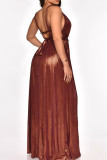 Brown Sexy Solid Patchwork V Neck Straight Dresses